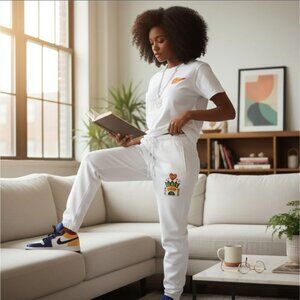 Cross Colours ✦ White Graphic Joggers ✦ Black Lives Are Loved Drawstring Pockets